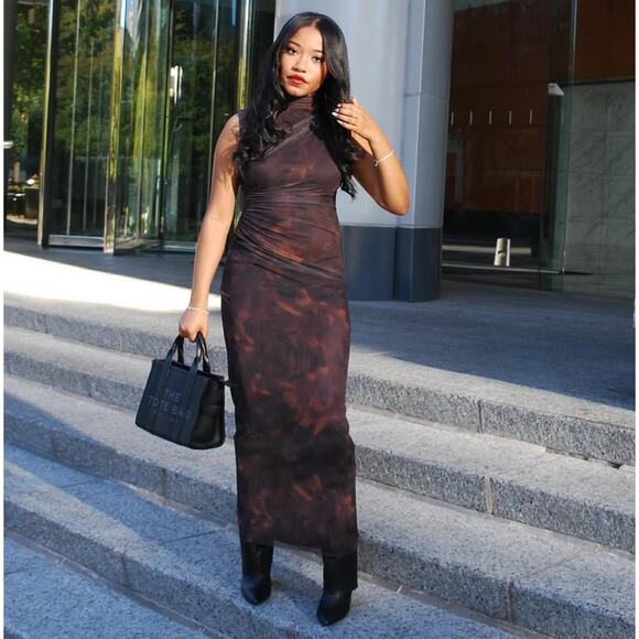 ZARA Fitted High Collar Draped Midi Dress NWT | Brown Bodycon - Picture 10 of 16